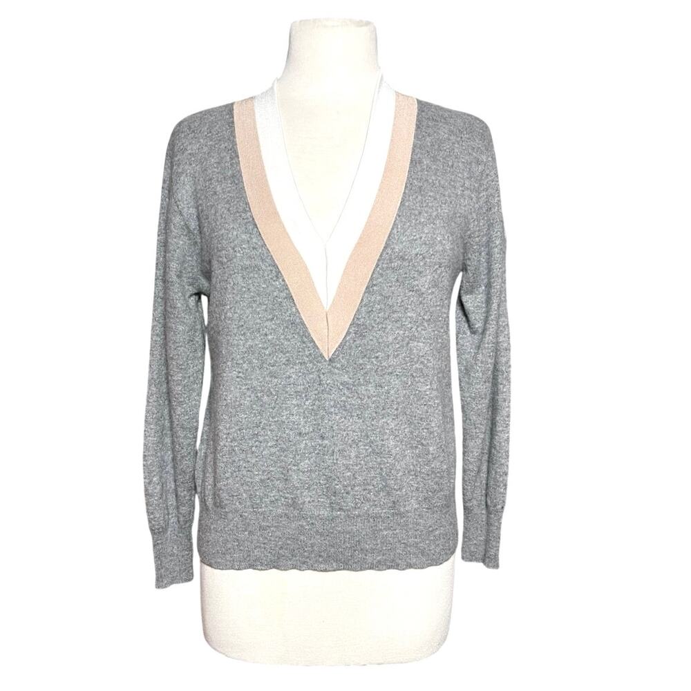 SANDRO PARIS Women’s Cashmere Blend Varsity Striped Vneck Gray Sweater